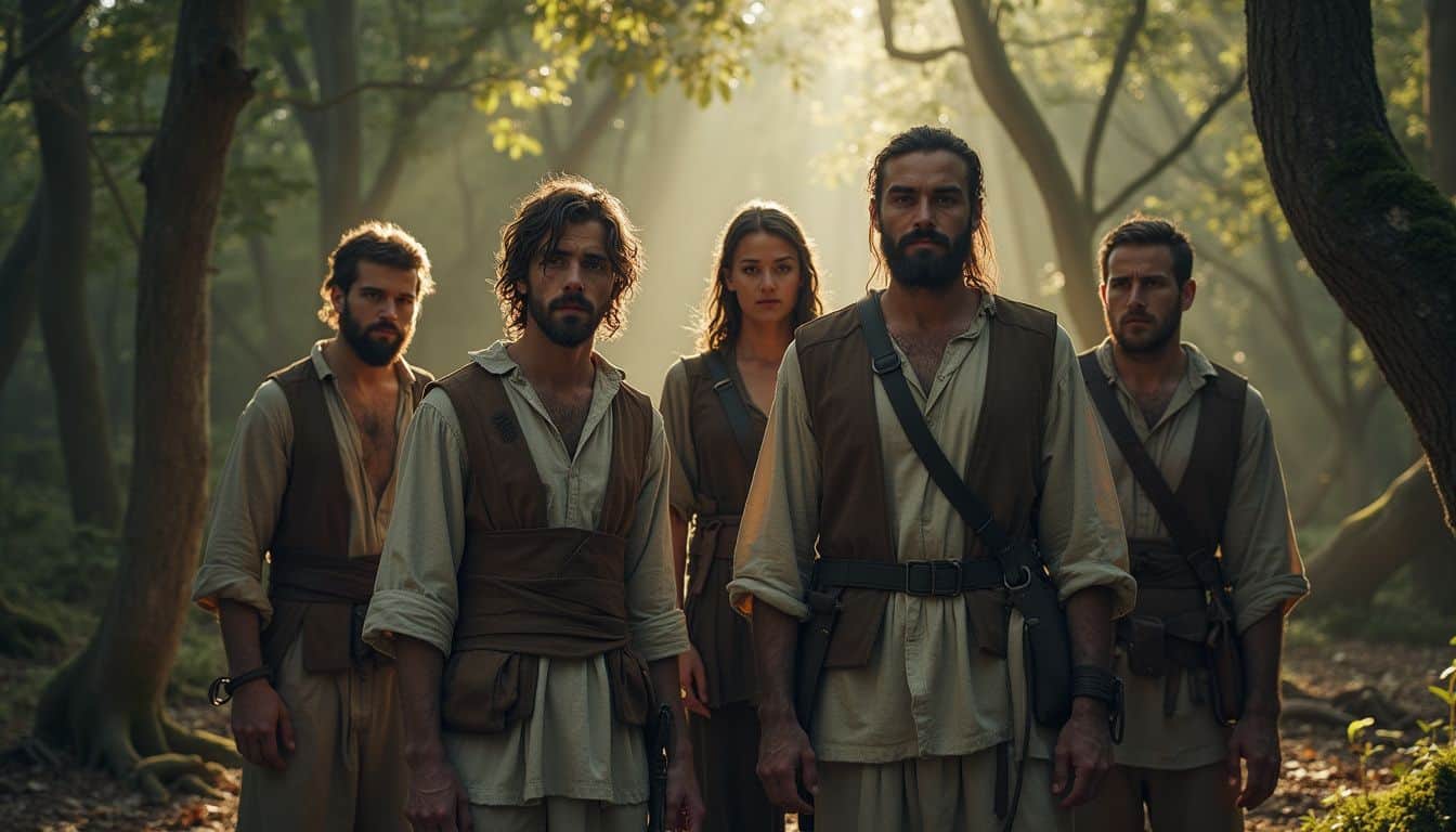 A group of people standing in an ancient forest, displaying readiness and quiet resolve. A group of people standing in an ancient forest, displaying readiness and quiet resolve.