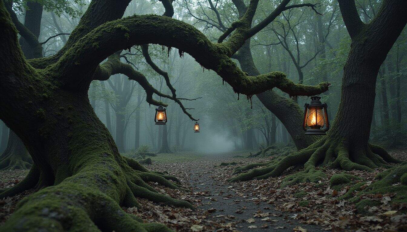 A dense, dark forest with ancient trees, moss-covered ground, and flickering lanterns creates a mysterious, tense atmosphere. A dense, dark forest with ancient trees, moss-covered ground, and flickering lanterns creates a mysterious, tense atmosphere.