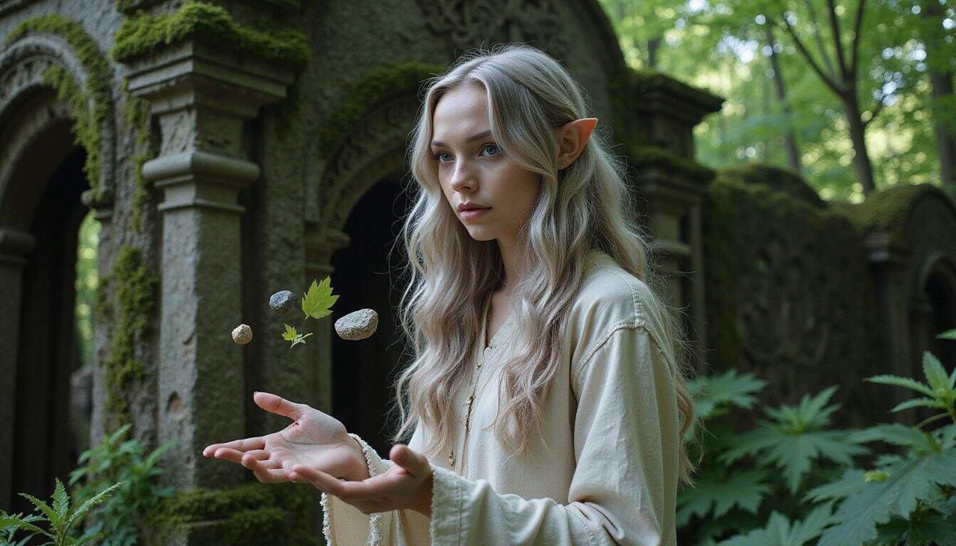 A slender figure with long, silvery hair and pointed ears levitating stones and leaves in a serene forest setting. A slender figure with long, silvery hair and pointed ears levitating stones and leaves in a serene forest setting.