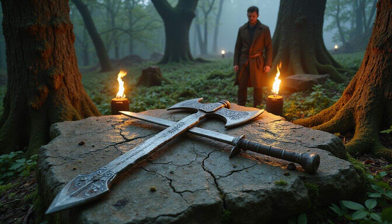 An ancient tomb deep in a misty forest holds weathered weapons, a stone altar, and a reverent man. An ancient tomb deep in a misty forest holds weathered weapons, a stone altar, and a reverent man.