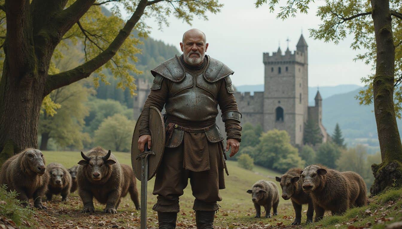 An elderly man in orc warrior attire stands in a forest clearing with mythical creatures. An elderly man in orc warrior attire stands in a forest clearing with mythical creatures.