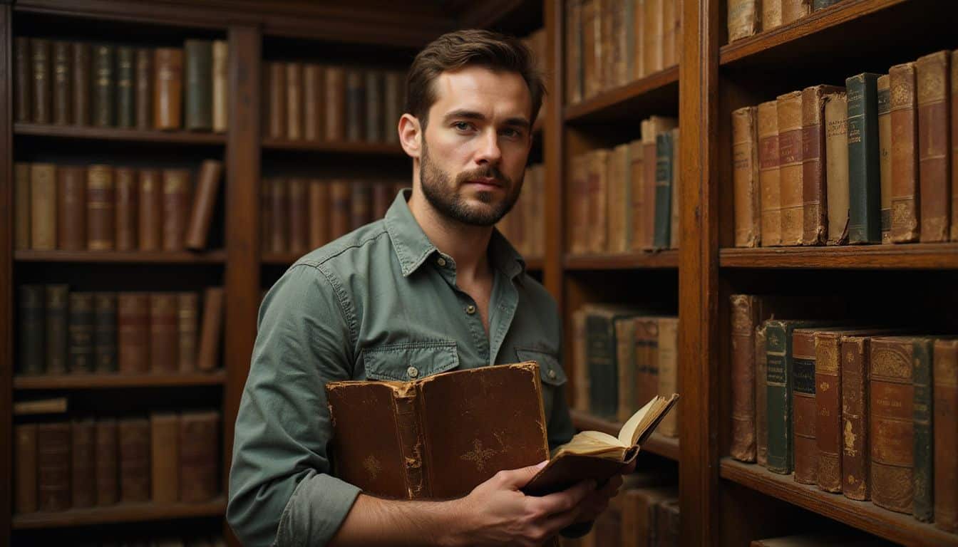 A man in his late 20s stands in a dimly lit library, cradling an old, leather-bound book. A man in his late 20s stands in a dimly lit library, cradling an old, leather-bound book.