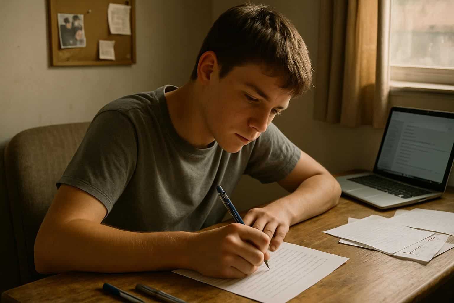 A teenage boy sitting at his desk, writing a heartfelt letter in his modest bedroom. A teenage boy sitting at his desk, writing a heartfelt letter in his modest bedroom.