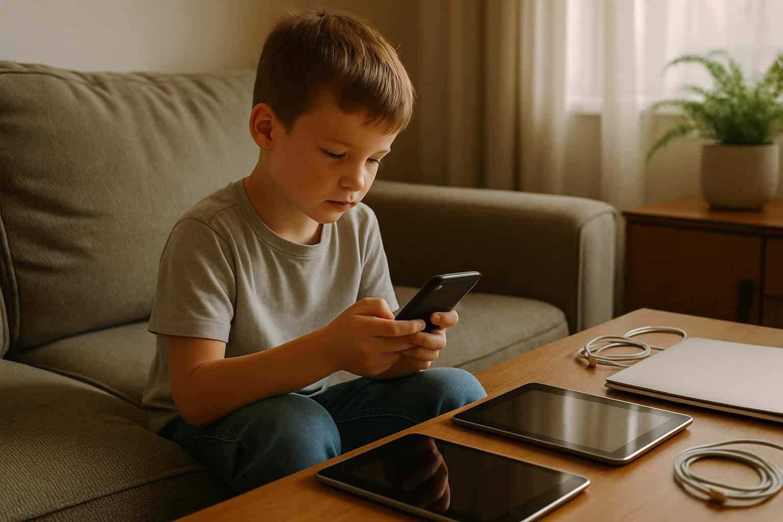 A 9-year-old boy sits on a beige couch, focused on a smartphone in a well-lit living room. A 9-year-old boy sits on a beige couch, focused on a smartphone in a well-lit living room.