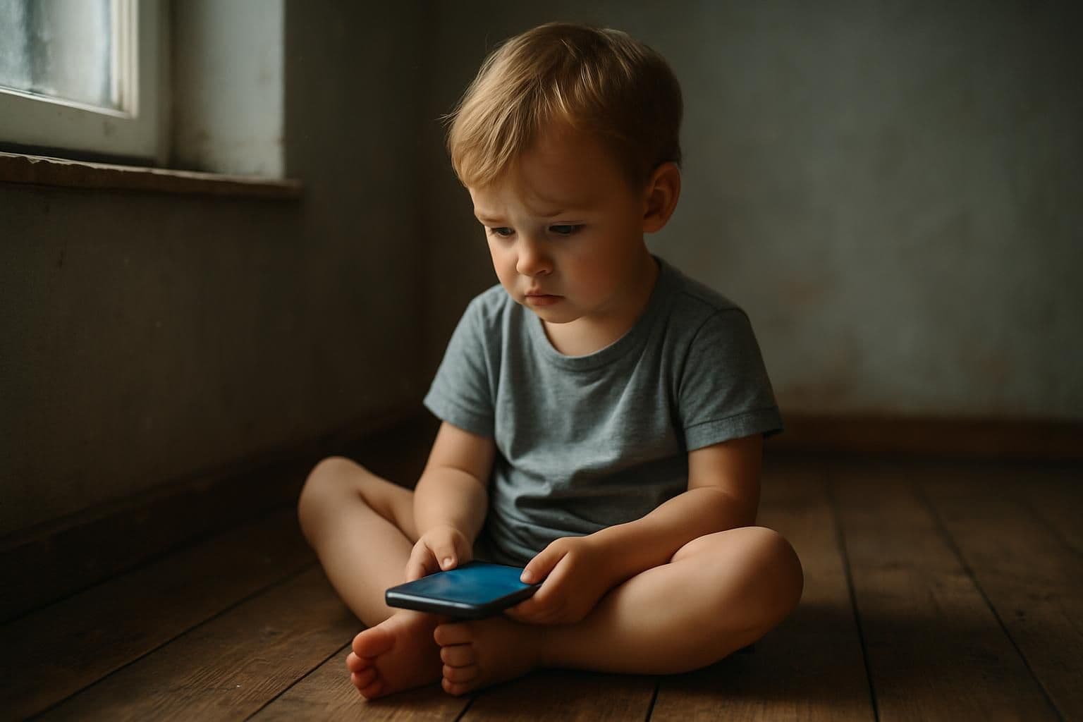 A child sits alone on a worn wooden floor, focused on a smartphone. A child sits alone on a worn wooden floor, focused on a smartphone.