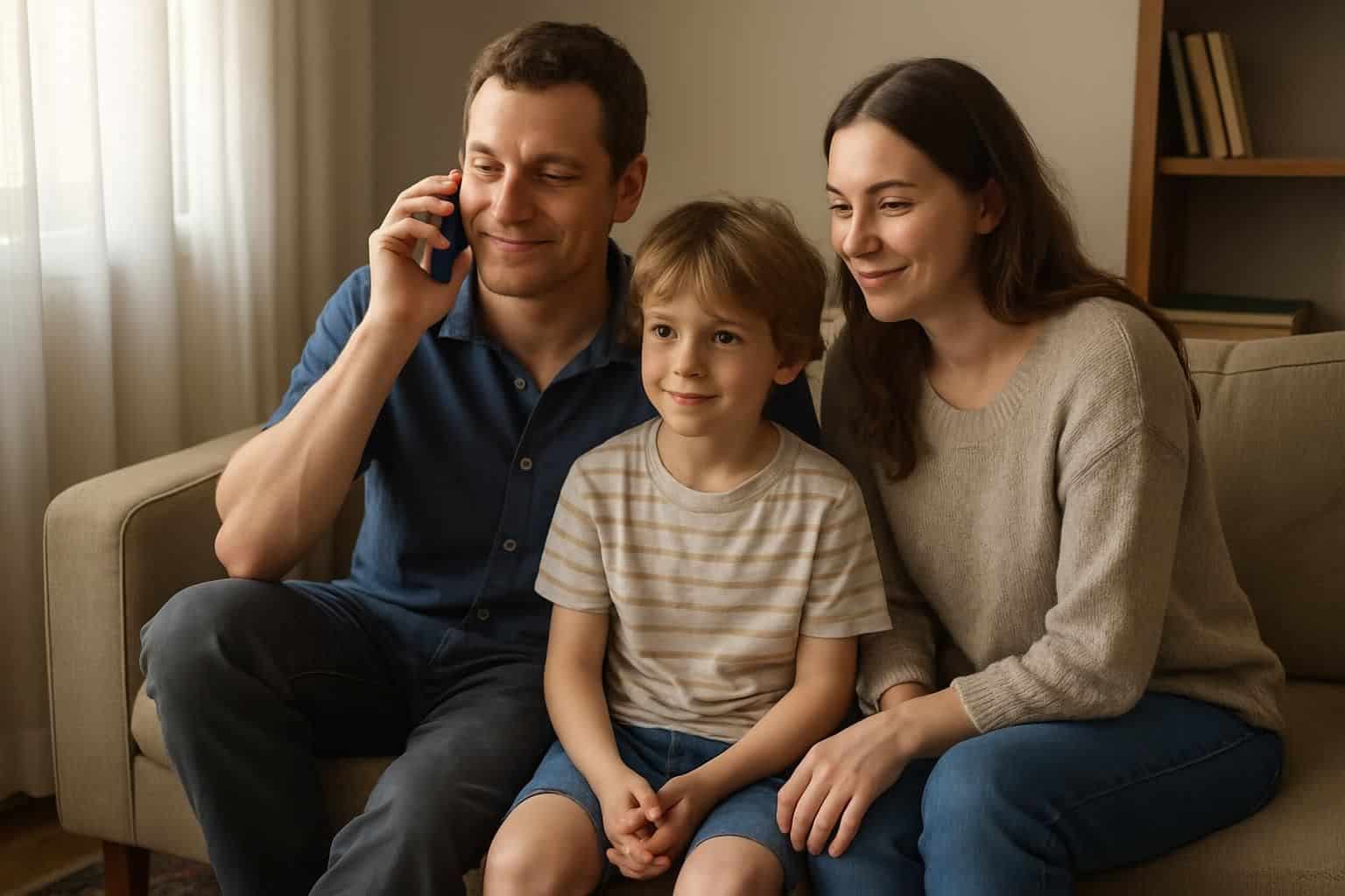 A family of three sits closely together on a beige sofa, engaged in a warm and intimate conversation. A family of three sits closely together on a beige sofa, engaged in a warm and intimate conversation.