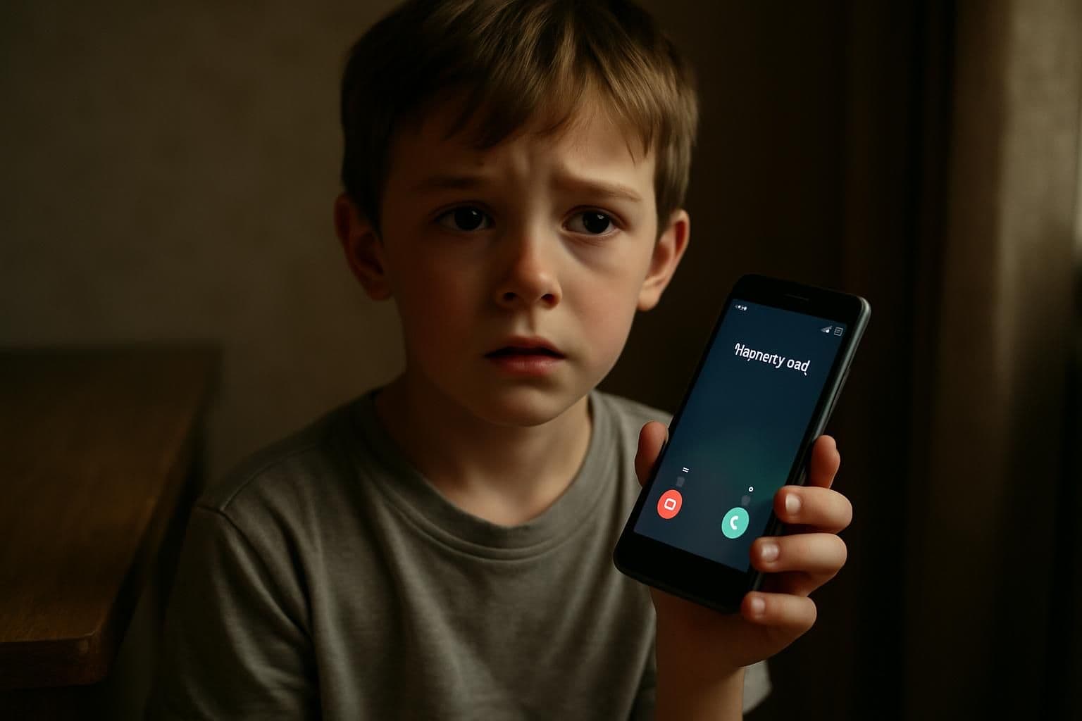 A young boy nervously holds an old smartphone, with a worried expression on his face. A young boy nervously holds an old smartphone, with a worried expression on his face.