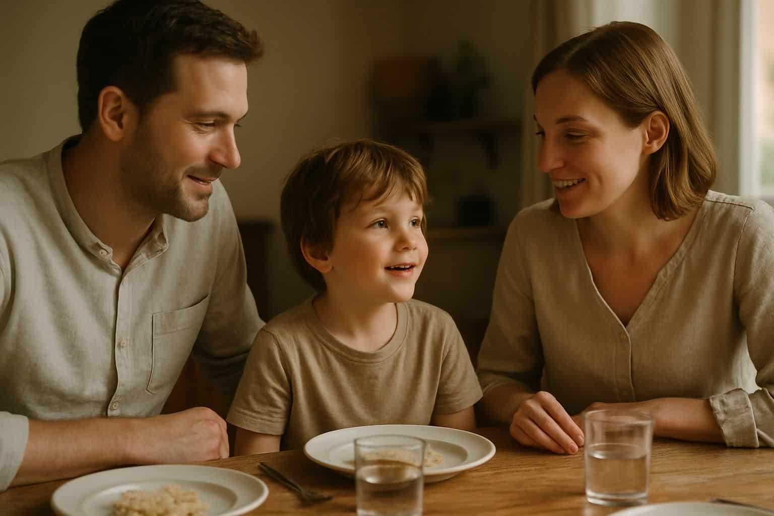 A family sits around a wooden dining table, sharing an intimate and warm moment together. A family sits around a wooden dining table, sharing an intimate and warm moment together.