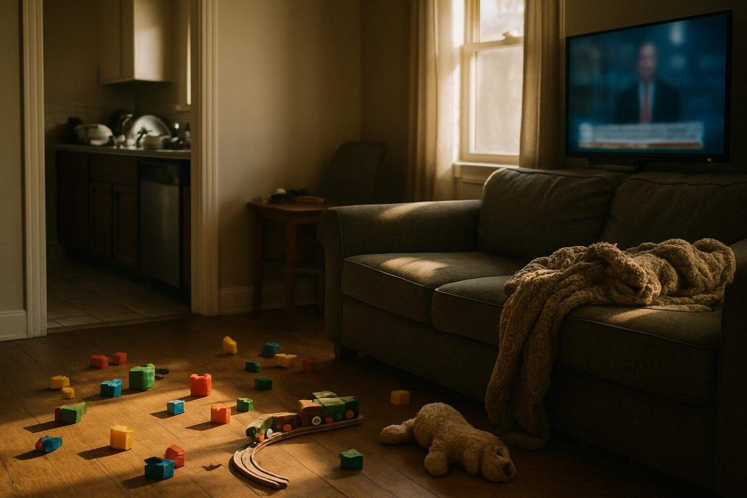 A cluttered, lived-in living room with children's toys, messy kitchen, and a paused TV broadcast. A cluttered, lived-in living room with children's toys, messy kitchen, and a paused TV broadcast.