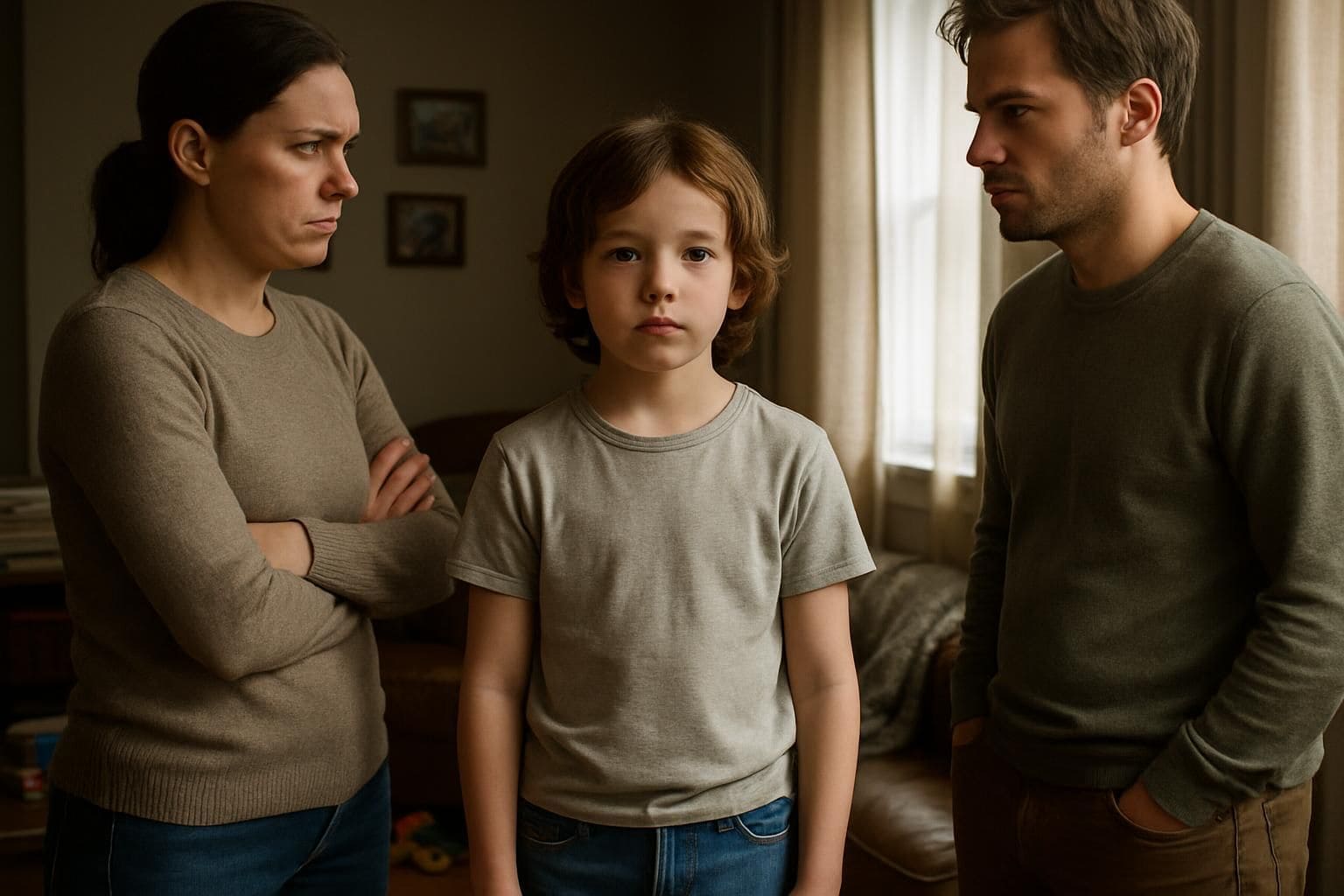 A tense family moment captured in a cluttered living room with adults and a quiet child. A tense family moment captured in a cluttered living room with adults and a quiet child.