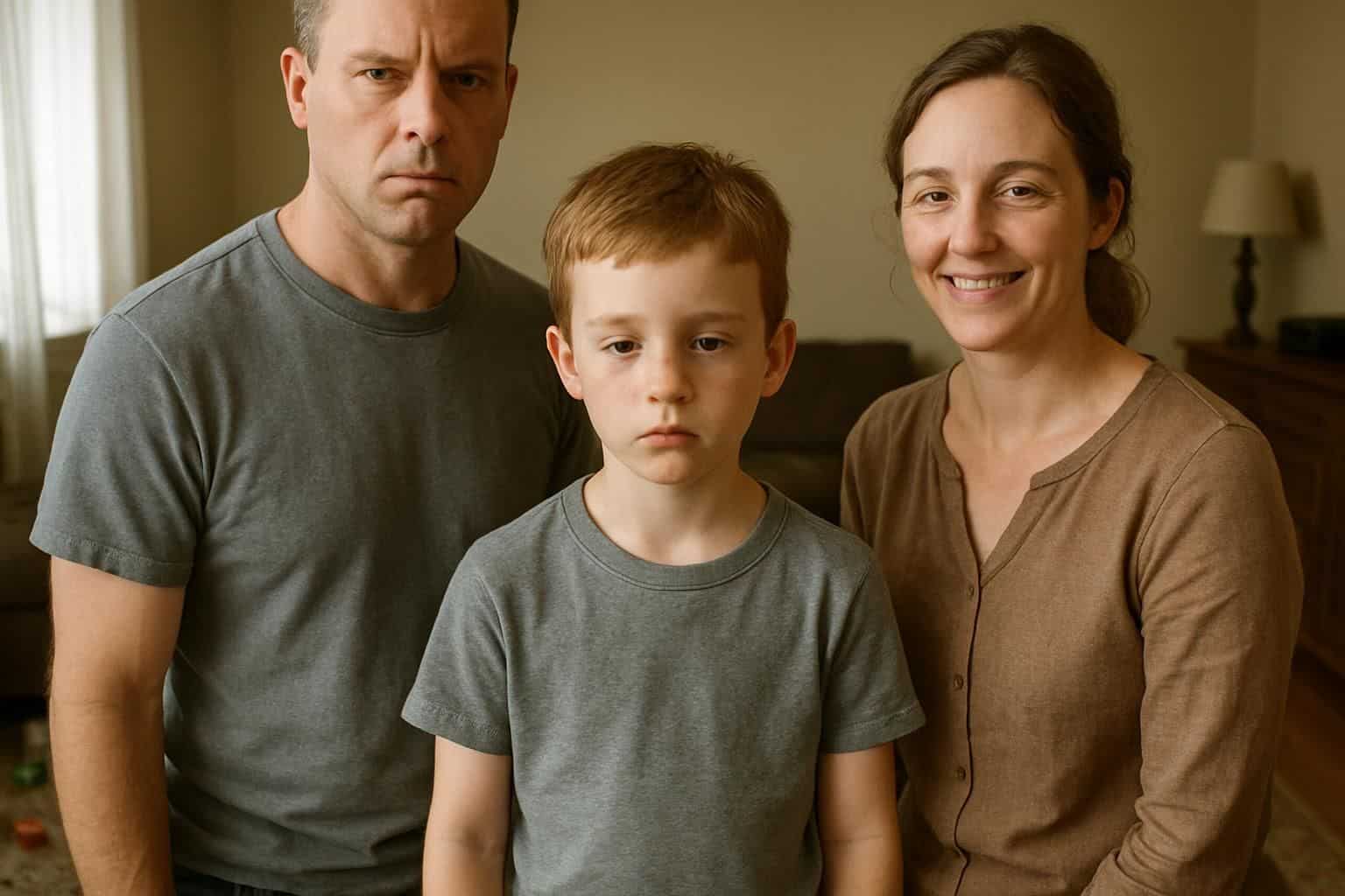 An 8-year-old child stands between two adults in a cluttered living room, displaying subdued uncertainty. An 8-year-old child stands between two adults in a cluttered living room, displaying subdued uncertainty.
