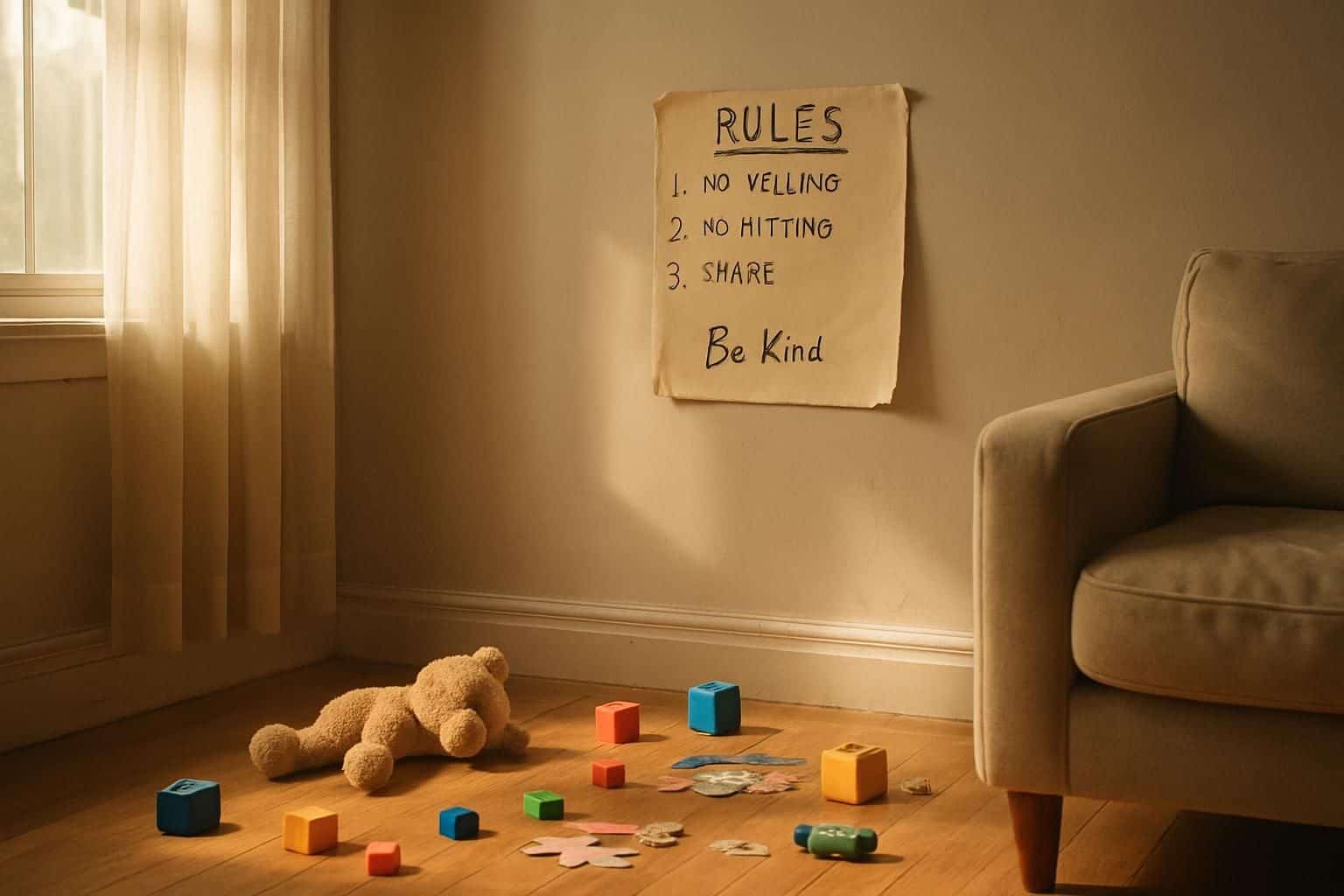 A sunlit, lived-in living room with scattered children's toys and a faded, handwritten rule chart. A sunlit, lived-in living room with scattered children's toys and a faded, handwritten rule chart.