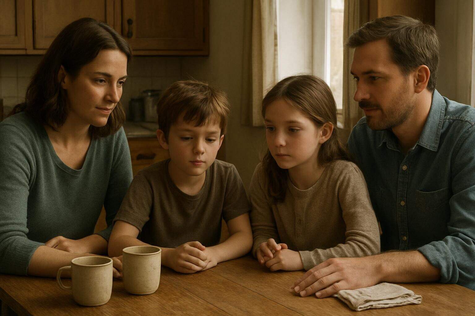 A family of four gathered around a kitchen table, engaged in a discussion about new household rules. A family of four gathered around a kitchen table, engaged in a discussion about new household rules.
