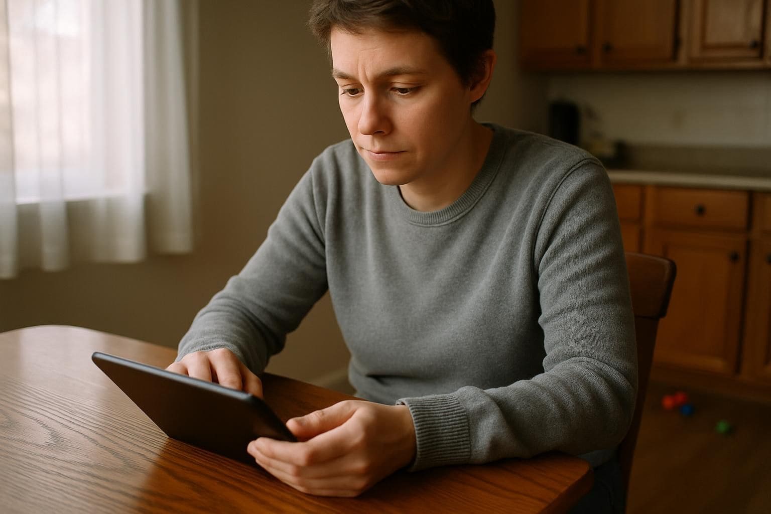 A single parent uses a digital parenting app at the dining table. A single parent uses a digital parenting app at the dining table.