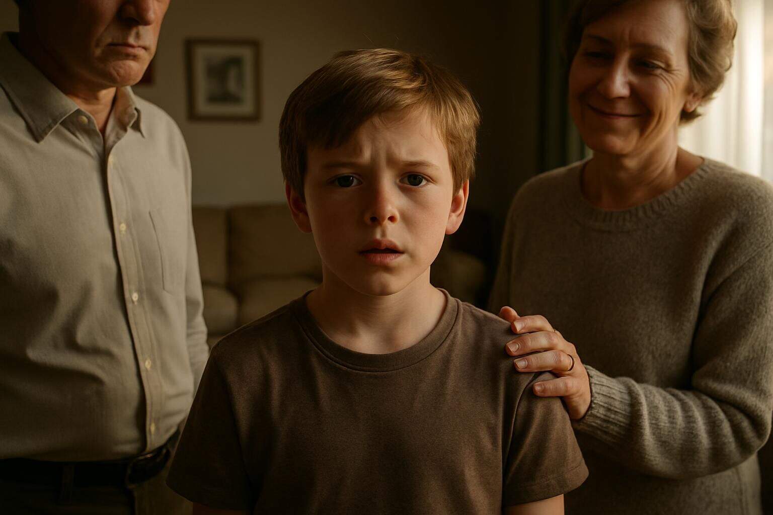 A 10-year-old child stands between a stern adult and a warm, reassuring figure in a cozy living room. A 10-year-old child stands between a stern adult and a warm, reassuring figure in a cozy living room.