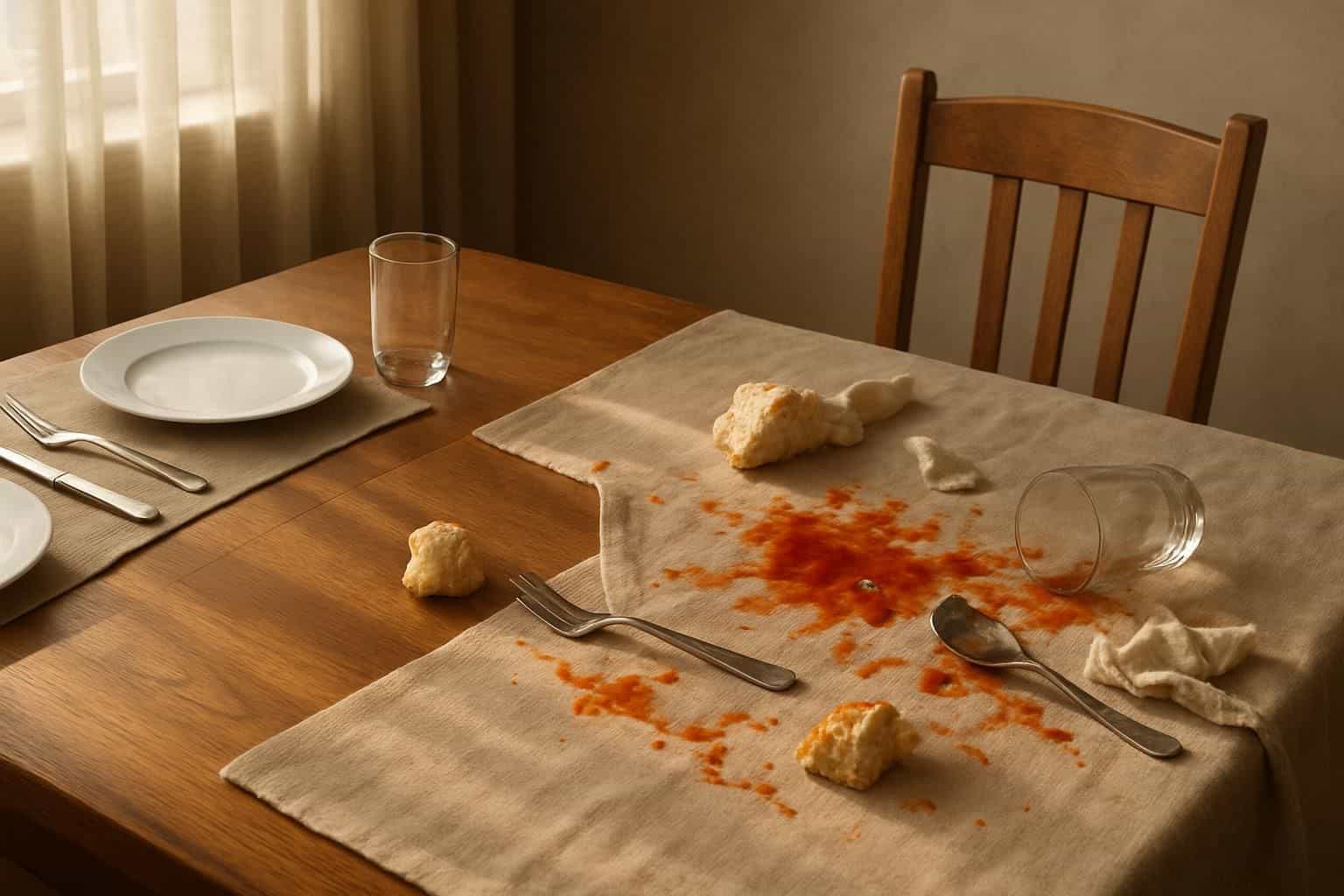 A table set for a formal meal contrasts with a messy, chaotic aftermath. A table set for a formal meal contrasts with a messy, chaotic aftermath.