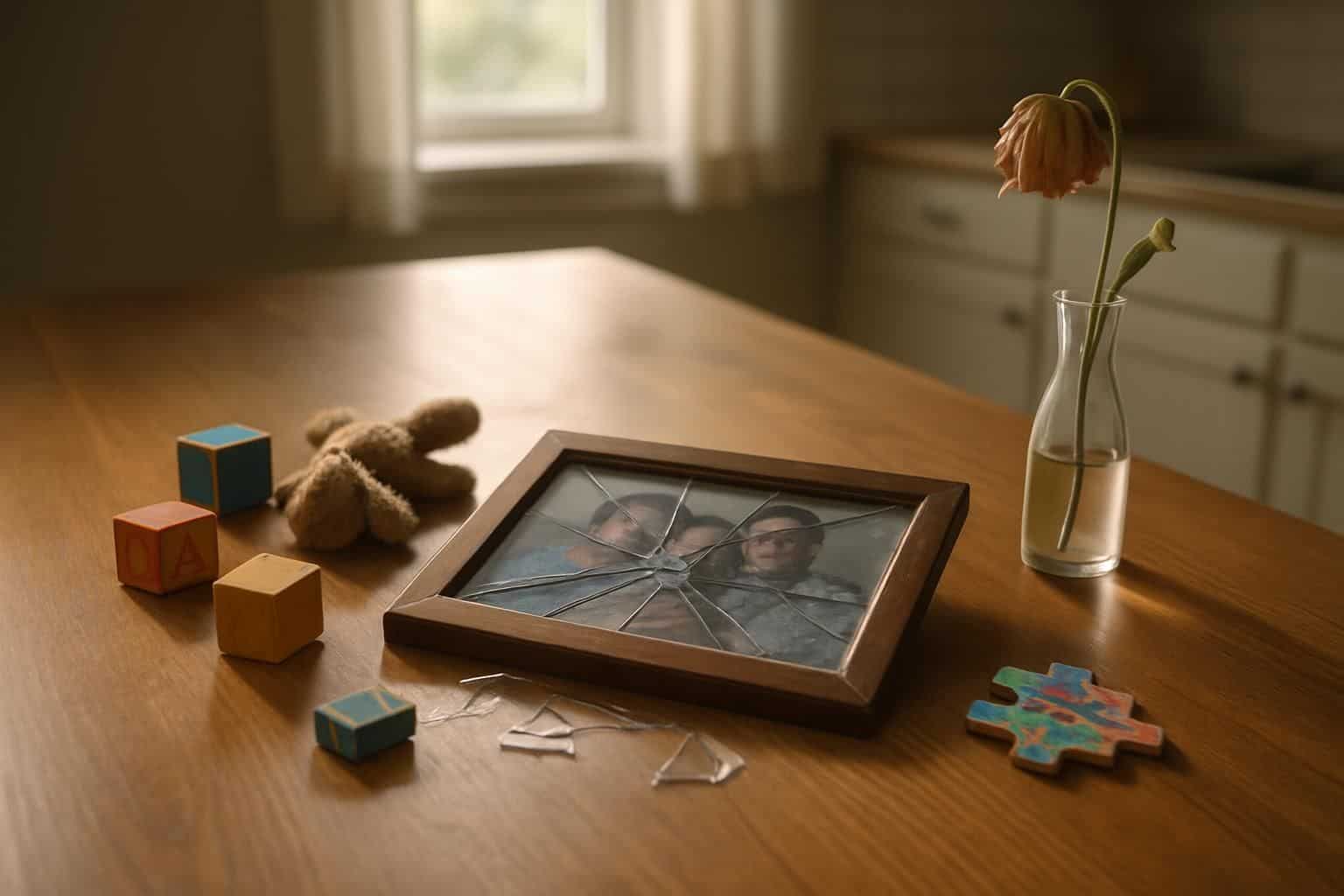 A shattered family photo frame, worn toys, and a wilting flower evoke a quiet, poignant stillness. A shattered family photo frame, worn toys, and a wilting flower evoke a quiet, poignant stillness.