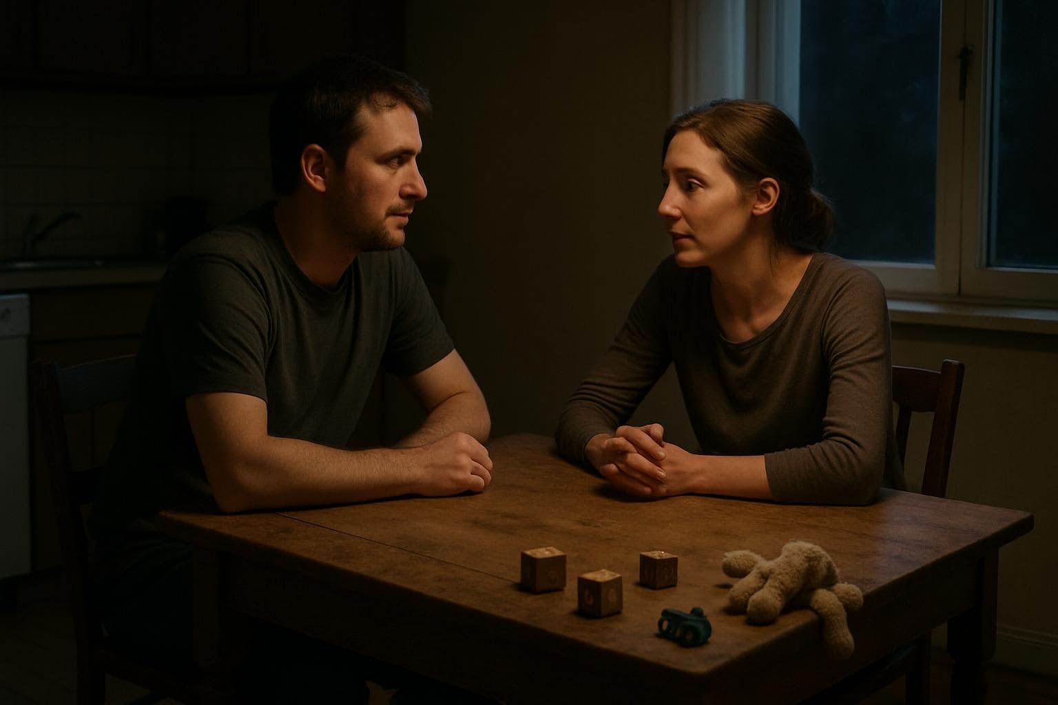 A mother and father sit at a kitchen table surrounded by children's toys. A mother and father sit at a kitchen table surrounded by children's toys.