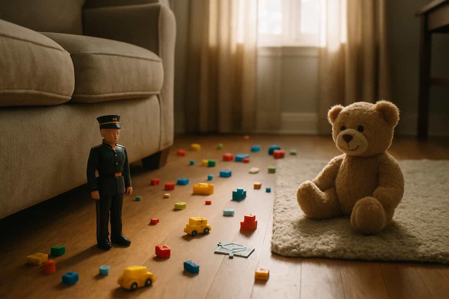 A cluttered living room filled with colorful toys and well-loved stuffed animals creates a warm and cozy family environment.