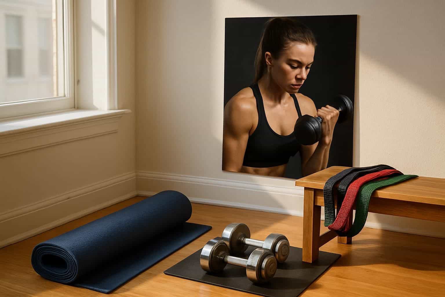 A well-equipped home gym with yoga mat, dumbbells, resistance bands, and motivational poster. A well-equipped home gym with yoga mat, dumbbells, resistance bands, and motivational poster.