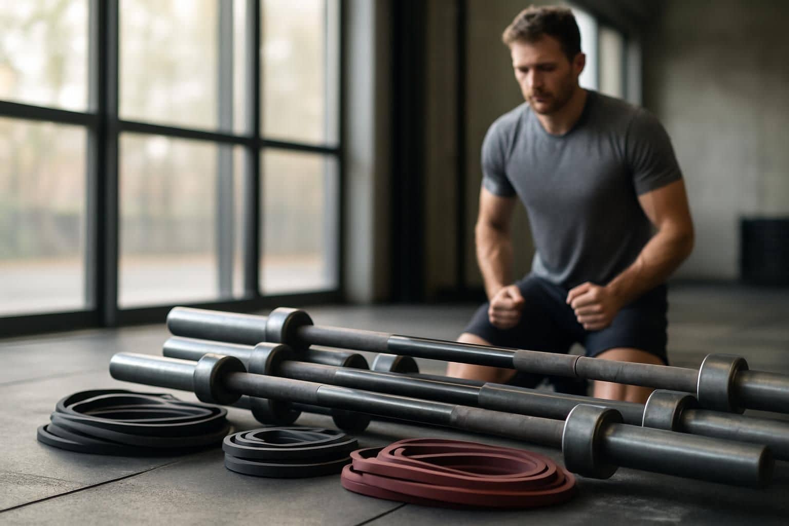 A man stands ready in a gym, surrounded by heavy barbells and resistance bands. A man stands ready in a gym, surrounded by heavy barbells and resistance bands.