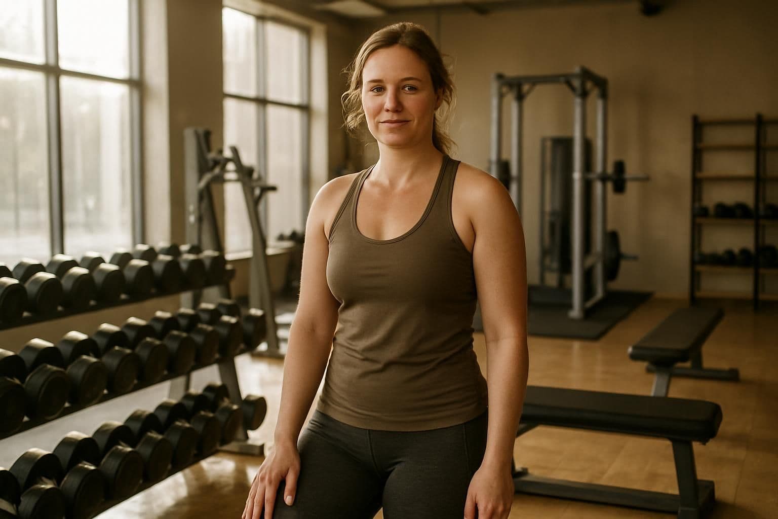 A woman stands confidently in a well-equipped, sunlit gym, surrounded by organized weights and modern equipment. A woman stands confidently in a well-equipped, sunlit gym, surrounded by organized weights and modern equipment.