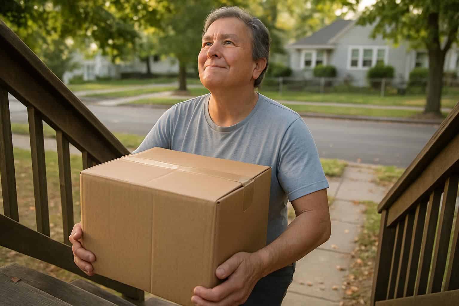 An older adult confidently carries a heavy box up a worn staircase. An older adult confidently carries a heavy box up a worn staircase.