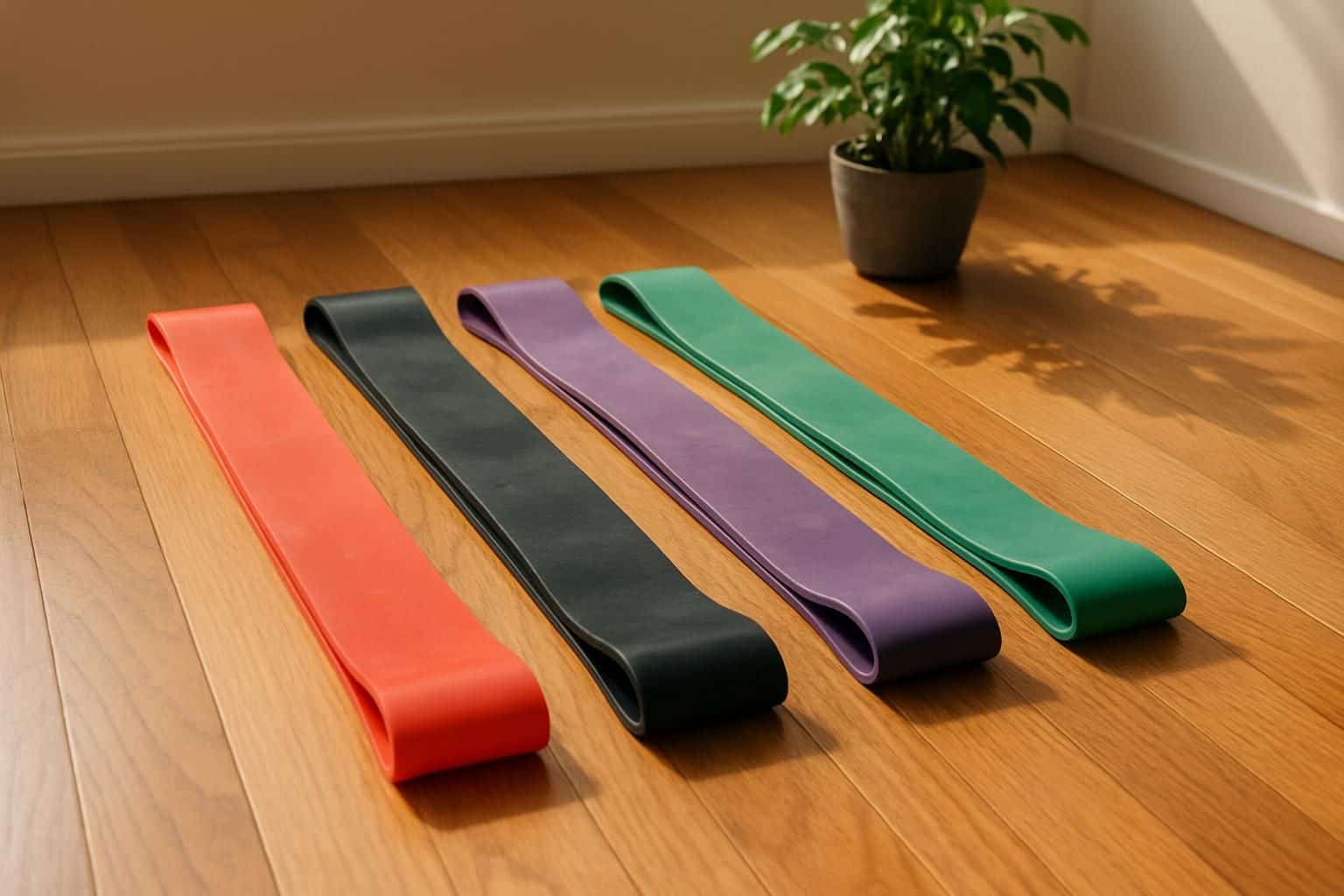 An arrangement of exercise resistance bands on a polished hardwood floor, with a potted plant in the background. An arrangement of exercise resistance bands on a polished hardwood floor, with a potted plant in the background.