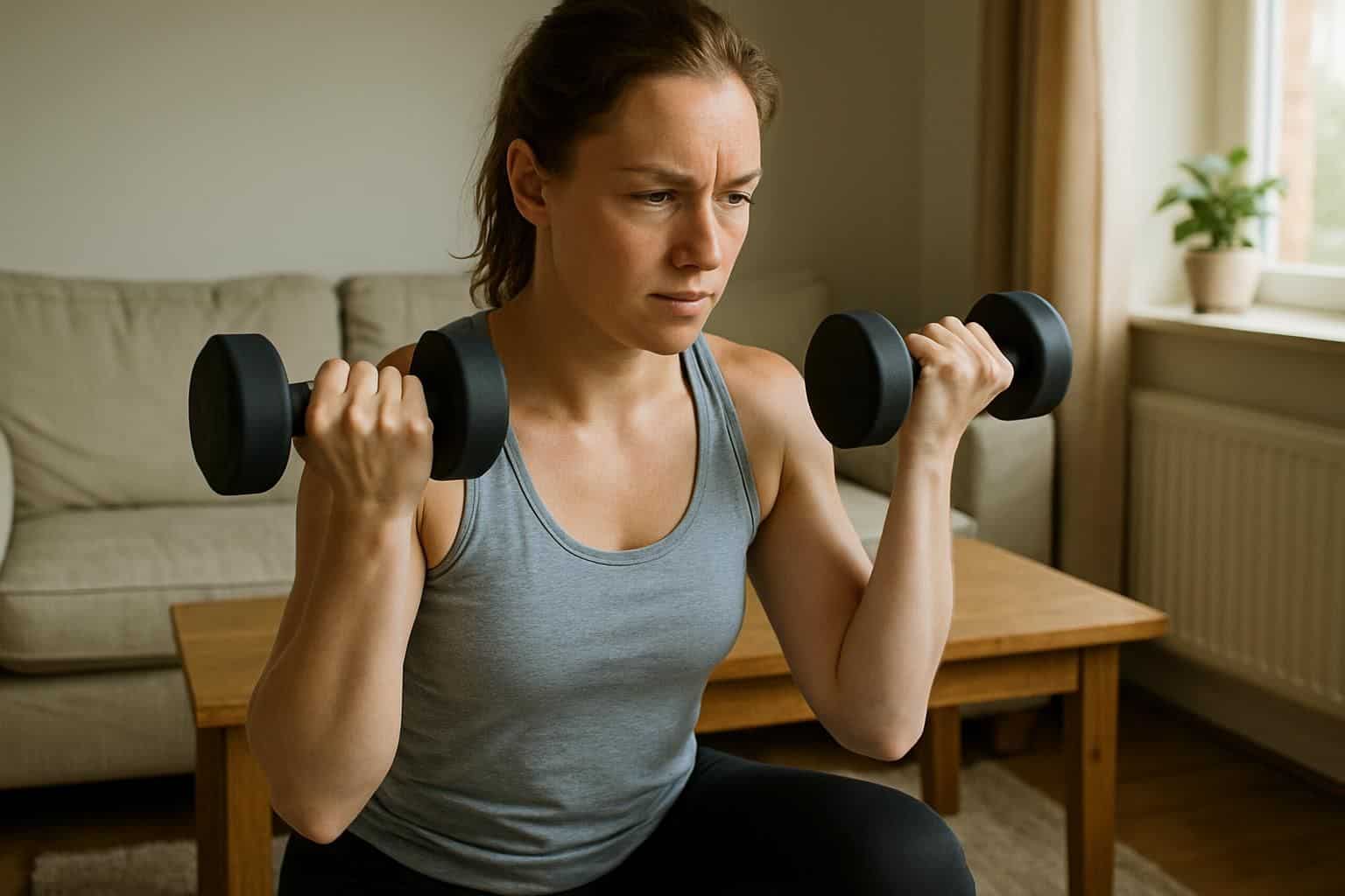 A woman in her 30s is doing strength training in her living room. A woman in her 30s is doing strength training in her living room.