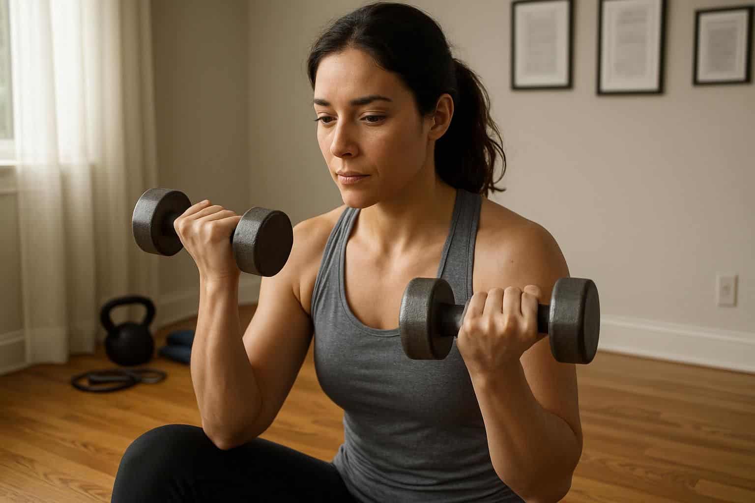A woman in her 30s engages in weight training at home, showing strength and focus. A woman in her 30s engages in weight training at home, showing strength and focus.