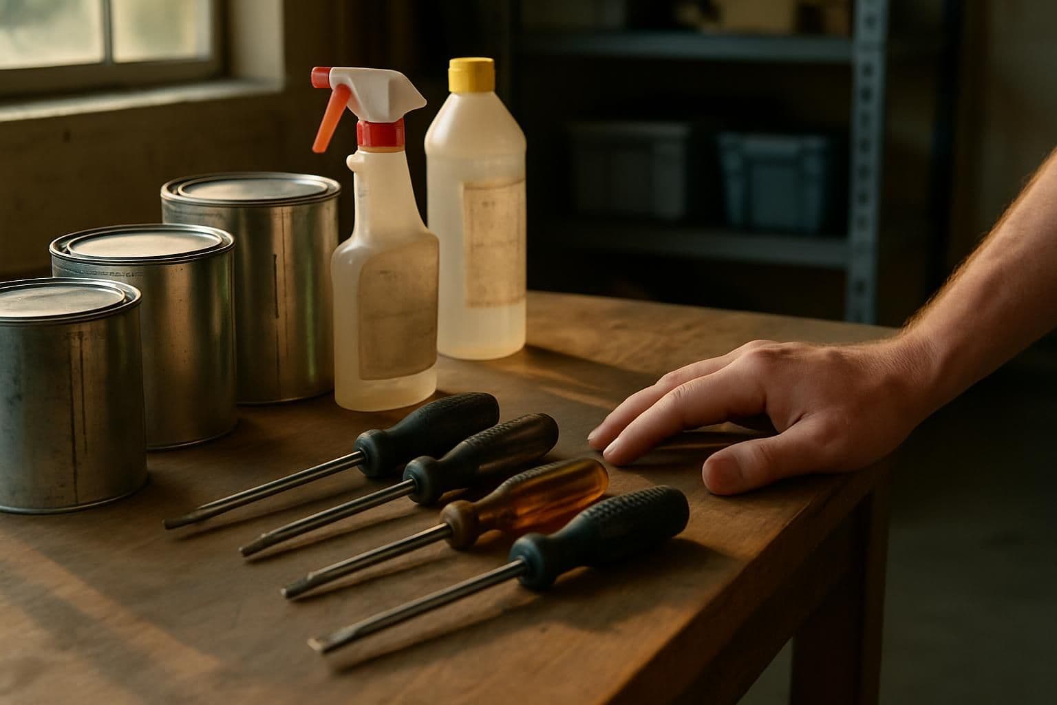 The image shows a well-organized, well-used home maintenance workbench with various tools and supplies. The image shows a well-organized, well-used home maintenance workbench with various tools and supplies.