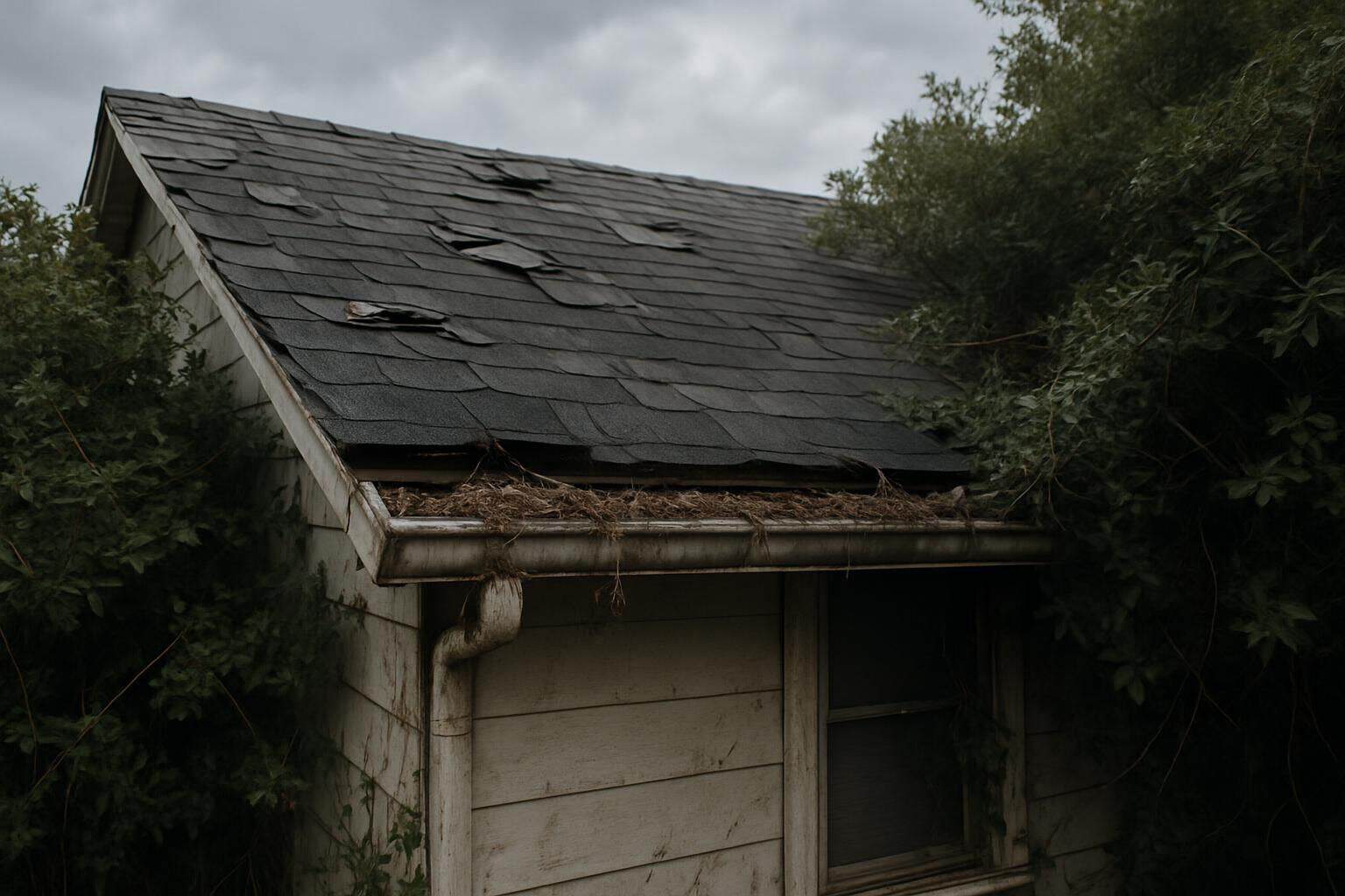 An old, weathered house with missing shingles, clogged gutters, and overgrown bushes shows signs of neglect and water damage. An old, weathered house with missing shingles, clogged gutters, and overgrown bushes shows signs of neglect and water damage.