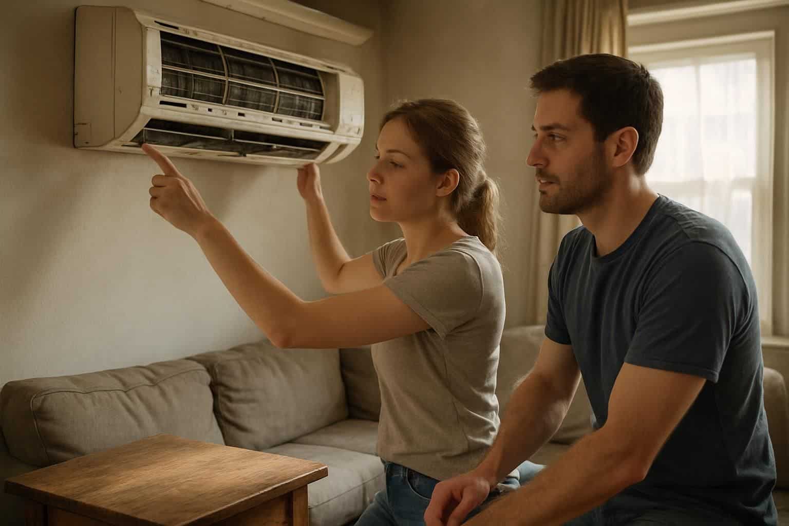 A man and woman in their 30s clean an air conditioning unit in a modest living room. A man and woman in their 30s clean an air conditioning unit in a modest living room.
