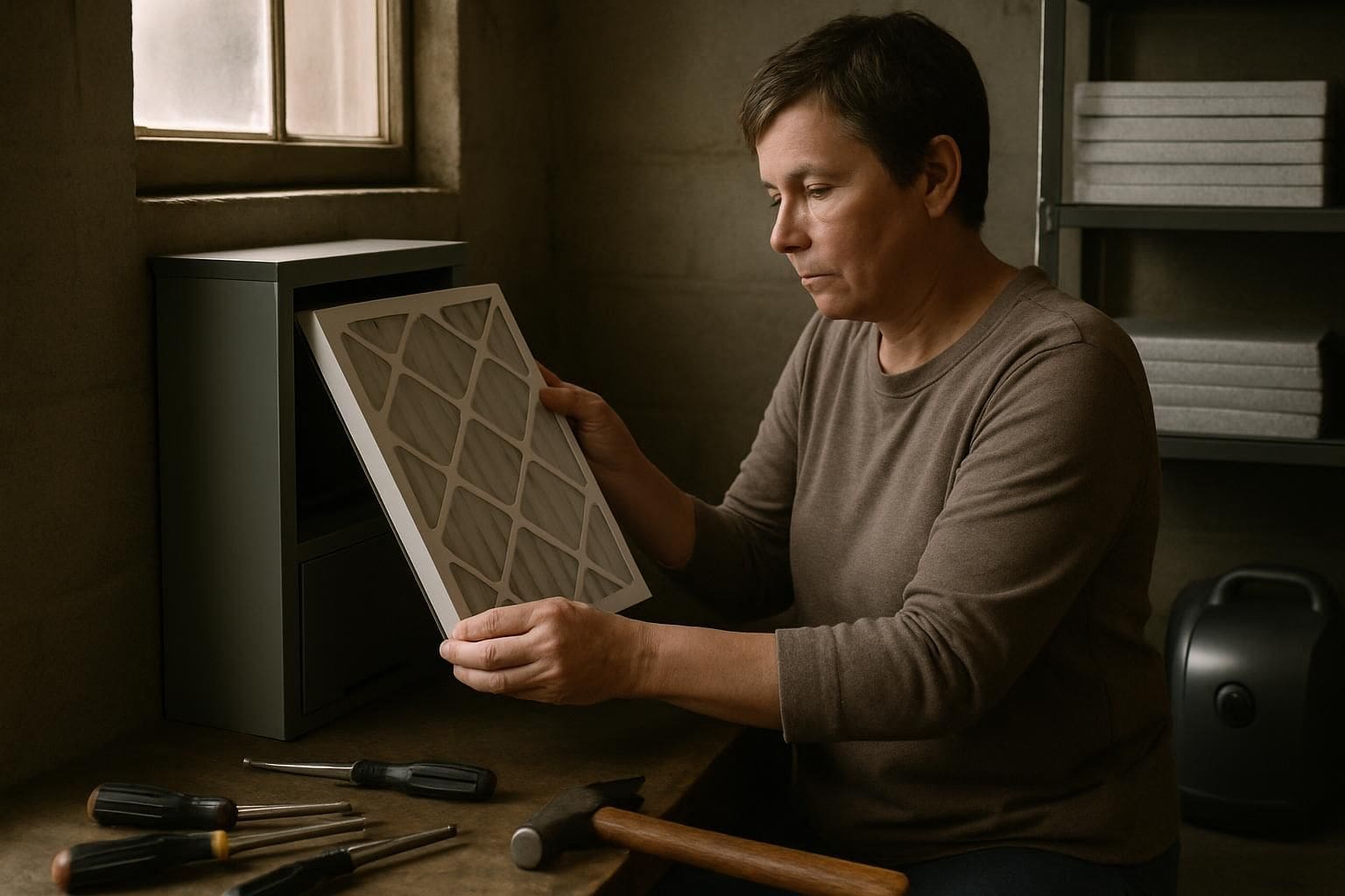 A person replacing an air filter in a dimly lit utility room with tools and supplies nearby. A person replacing an air filter in a dimly lit utility room with tools and supplies nearby.