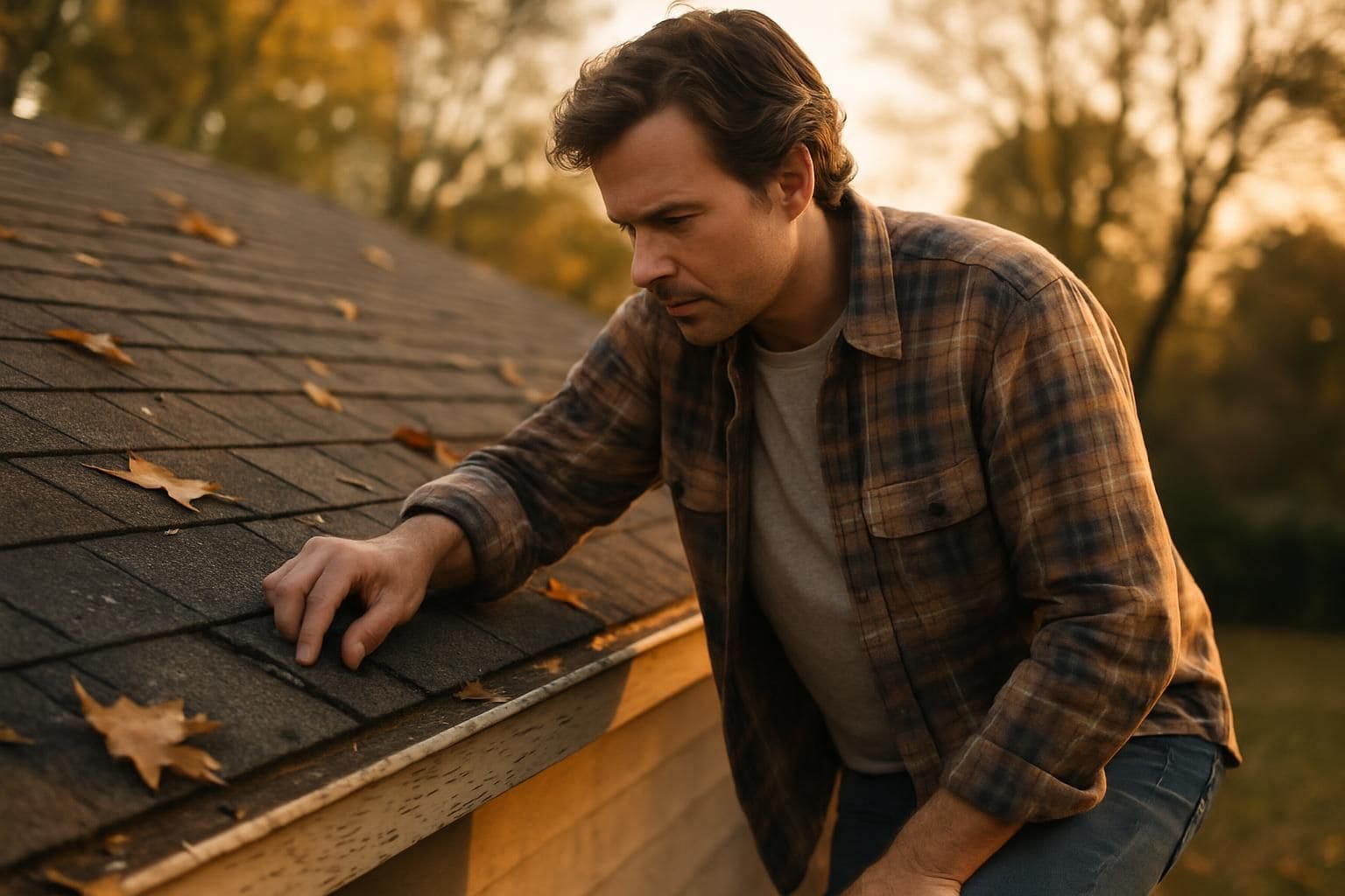 A homeowner inspects a weathered roof for damage in a tranquil suburban setting. A homeowner inspects a weathered roof for damage in a tranquil suburban setting.