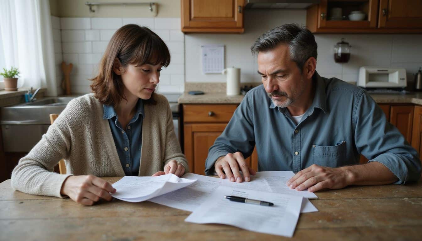 A middle-aged couple sits at a worn kitchen table, reviewing paperwork with a sense of focused determination. A middle-aged couple sits at a worn kitchen table, reviewing paperwork with a sense of focused determination.