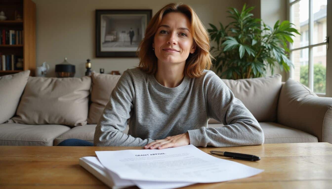 A woman in her 40s sits on a sofa, holding a grant approval letter for home repairs. A woman in her 40s sits on a sofa, holding a grant approval letter for home repairs.