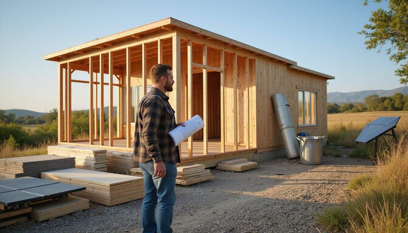 A man stands near a rural modular home renovation site with construction materials and sustainable building techniques. A man stands near a rural modular home renovation site with construction materials and sustainable building techniques.