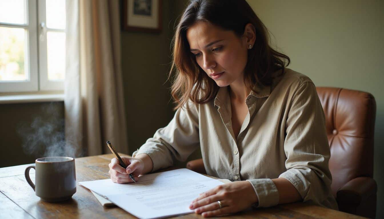 A woman in her 40s sits in a home office, sorting through documents with focused determination. A woman in her 40s sits in a home office, sorting through documents with focused determination.