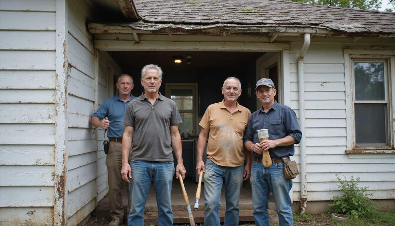 Volunteers renovate a weathered home in a low-income neighborhood with worn clothing and aging tools. Volunteers renovate a weathered home in a low-income neighborhood with worn clothing and aging tools.