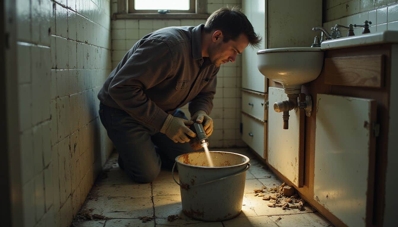 A man fixing a leaky pipe under a worn bathroom sink with tools and a flashlight. A man fixing a leaky pipe under a worn bathroom sink with tools and a flashlight.
