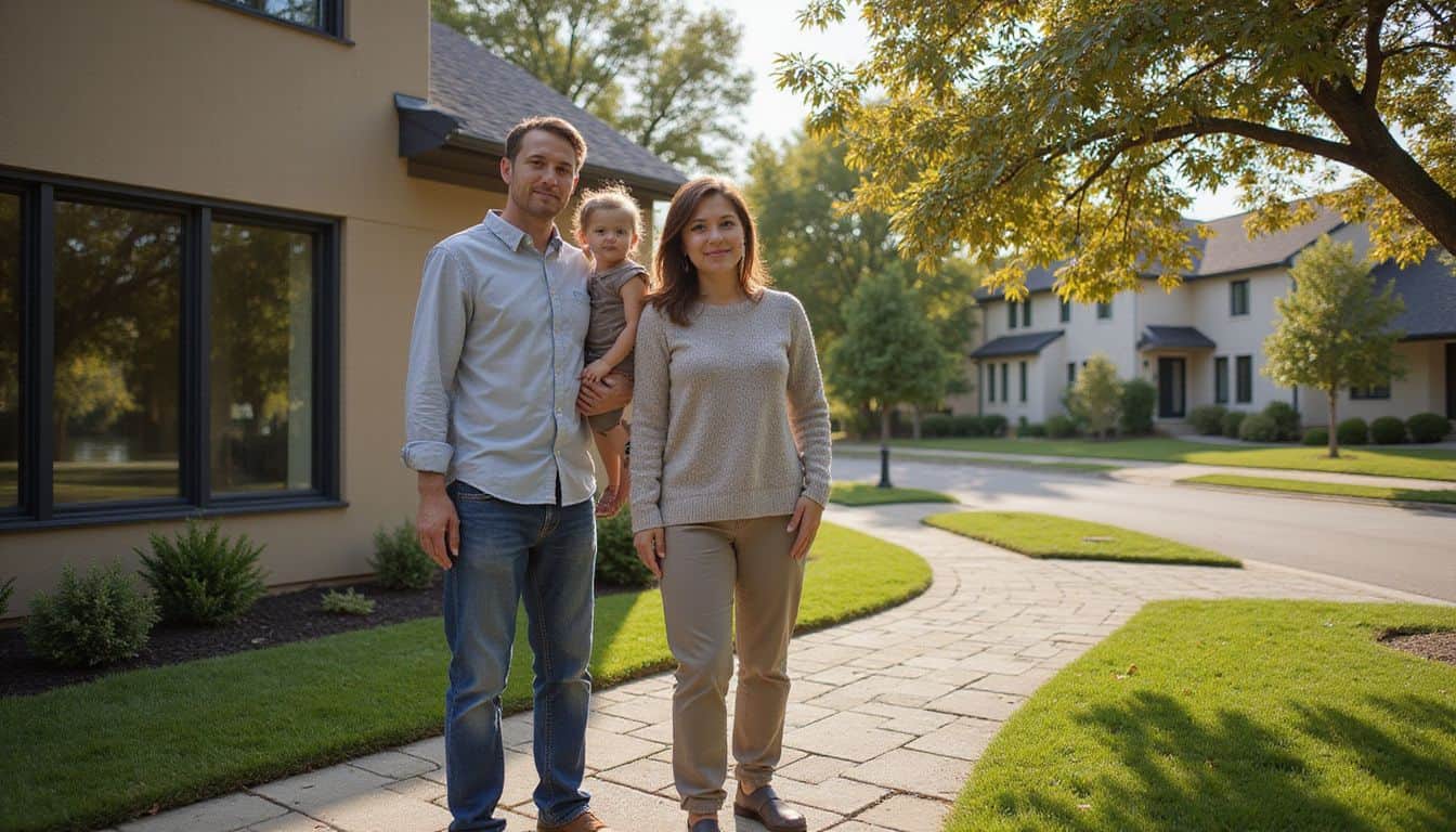 A family stands in front of their newly renovated home, exuding pride and contentment. A family stands in front of their newly renovated home, exuding pride and contentment.