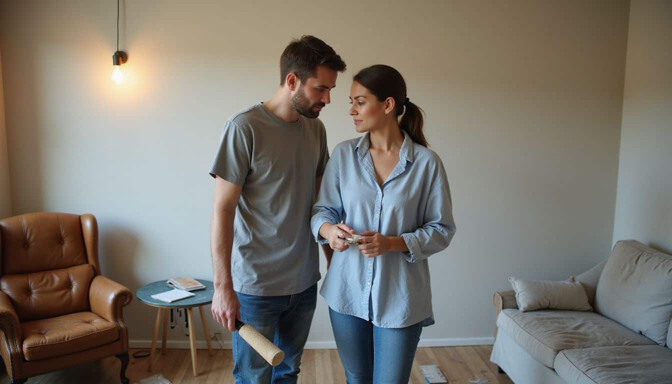 A man and woman in their 30s paint a living room wall with focused expressions. A man and woman in their 30s paint a living room wall with focused expressions.