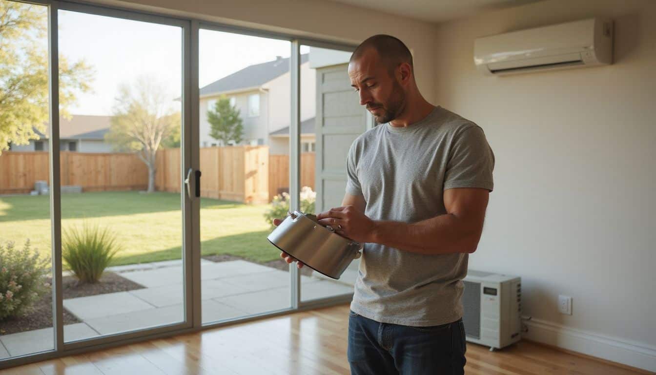 A man installs LED lighting fixtures in a contemporary living room with modern, minimalistic decor. A man installs LED lighting fixtures in a contemporary living room with modern, minimalistic decor.