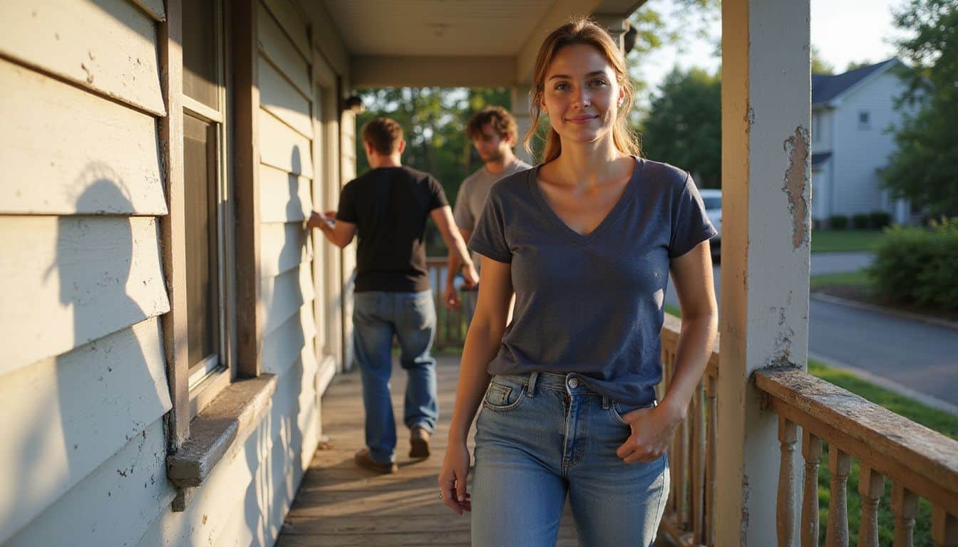 A group of diverse volunteers work together to restore the exterior of a suburban house.