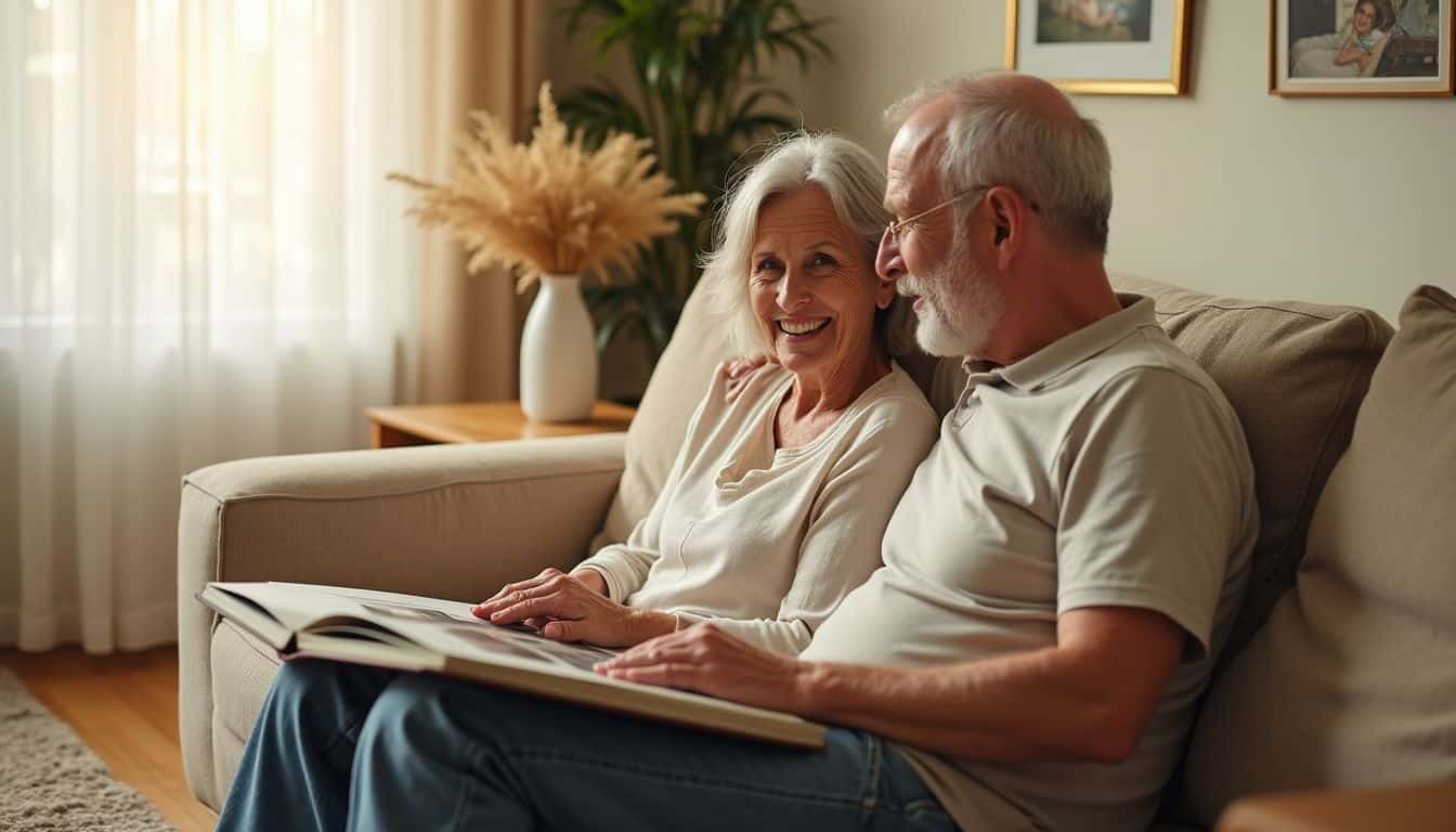 A middle-aged couple sits closely on a couch, sharing an intimate moment while looking at a photo album.