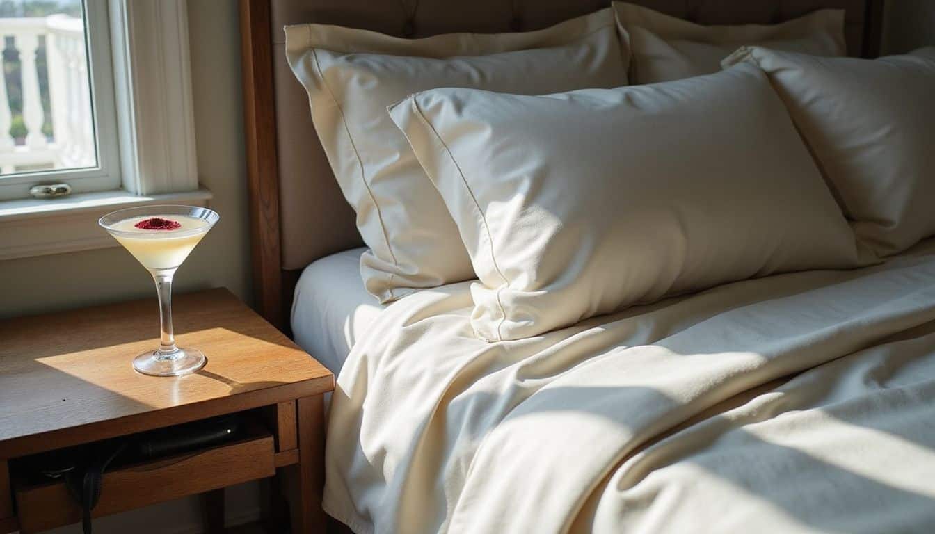 An elegant bedroom with a neatly made king-size bed, a martini glass with lipstick smudge, and a black leather whip peeking out from beneath the bed.
