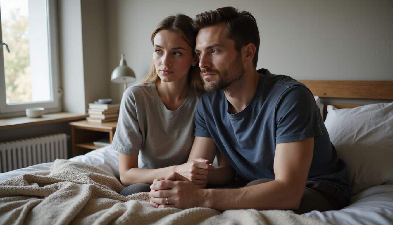 A man and a woman in their mid-30s sitting together on a neatly made bed, showing subtle emotions and intimacy.