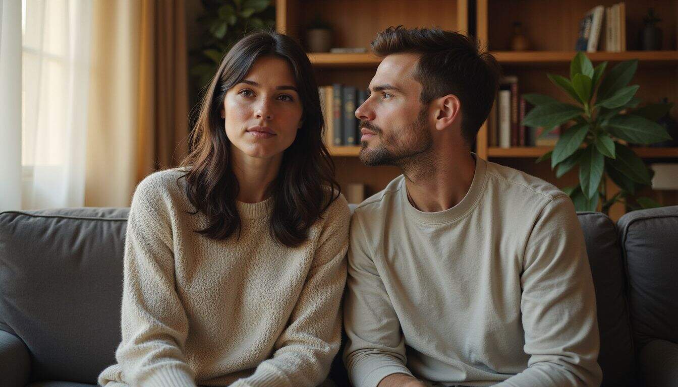 A couple in their thirties sit closely on a plush sofa in a warmly lit living room, engaged in conversation.