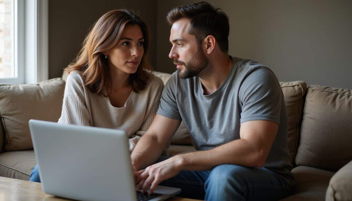 A couple in their thirties engage in a intimate conversation on a fabric-upholstered couch.